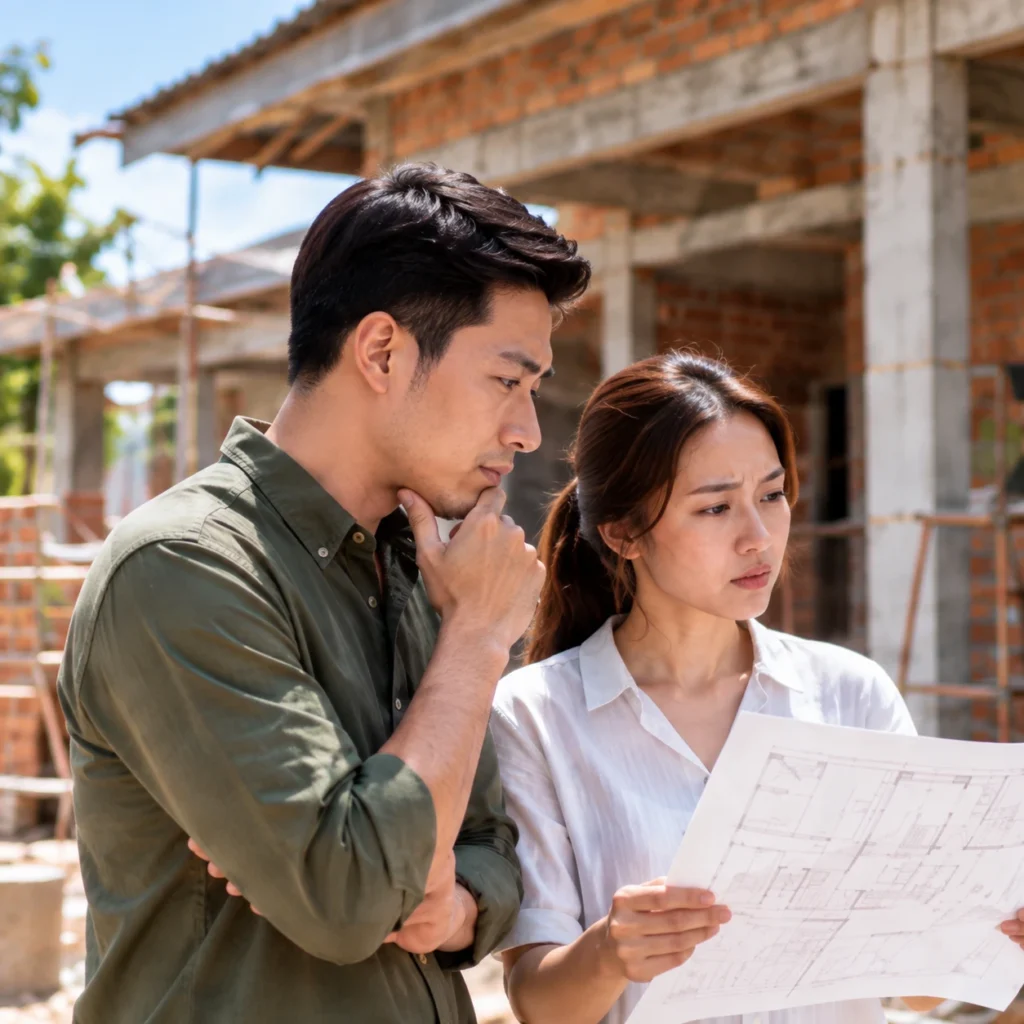 เจ้าของบ้านพิจารณาแบบแปลนบ้าน ทำหน้ากังวลเรื่องความเร็วและคุณภาพในการทำงาน