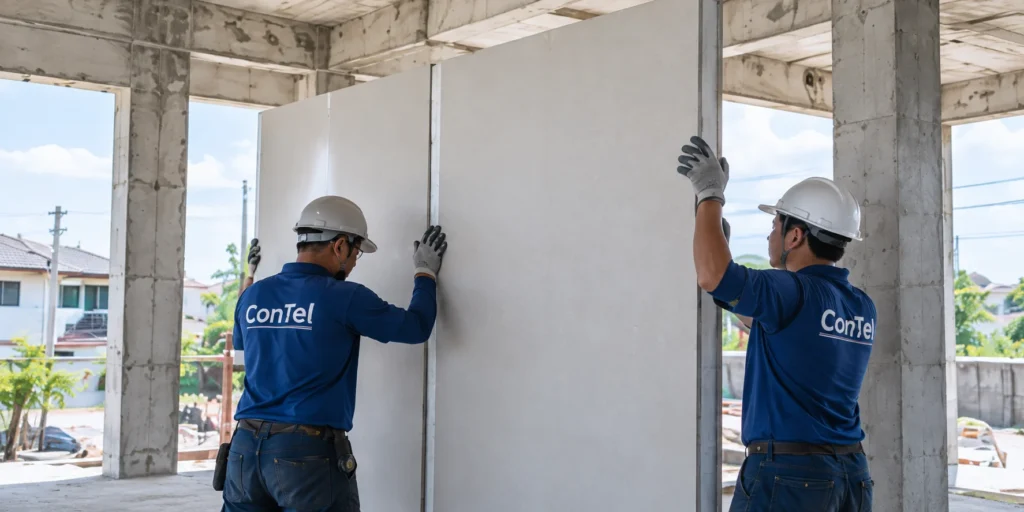ช่างสองคนสวมเสื้อ ConTel และหมวกนิรภัยสีขาว ช่วยกันติดตั้งแผ่นผนังสำเร็จรูปกันความร้อน อย่างรวดเร็ว ลดขั้นตอนการทำงาน