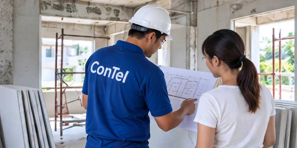 เจ้าหน้าที่ ConTel อธิบายแบบแปลนให้เจ้าของบ้านในพื้นที่ติดตั้งผนังสำเร็จรูป
