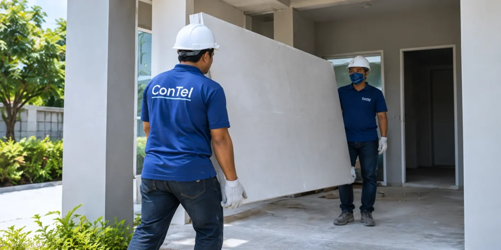 ช่าง ConTel สองคนช่วยกันขนย้ายแผ่นผนังสำเร็จรูปเข้าสู่อาคาร ยกสบายๆน้ำหนักไม่เยอะ